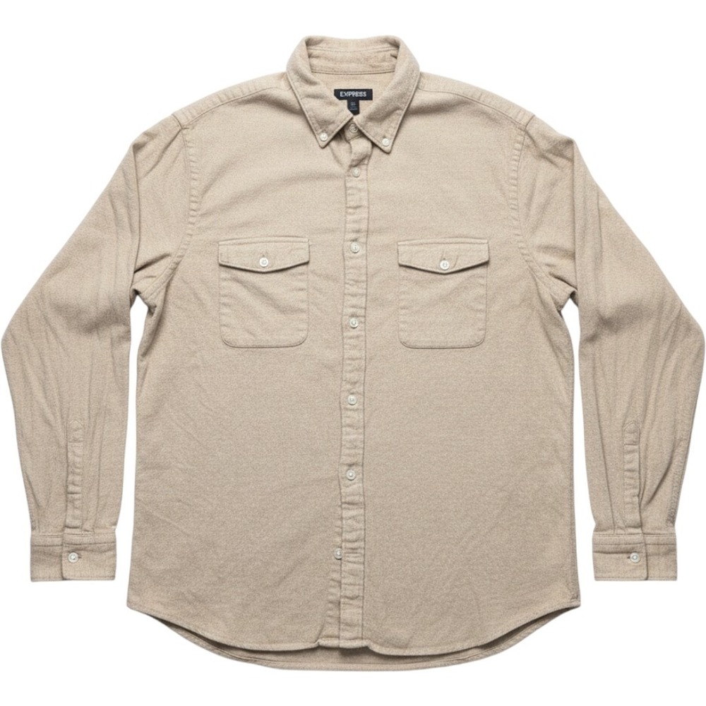 Express‎ Mens Tan Cotton Flannel Button Down Shirt Long Sleeve Size M Tan Khaki